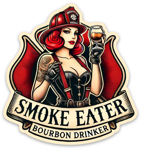 Redhead pin-up firefighter Bourbon Bombshell decal — Distilled Duty full-color vinyl sticker.