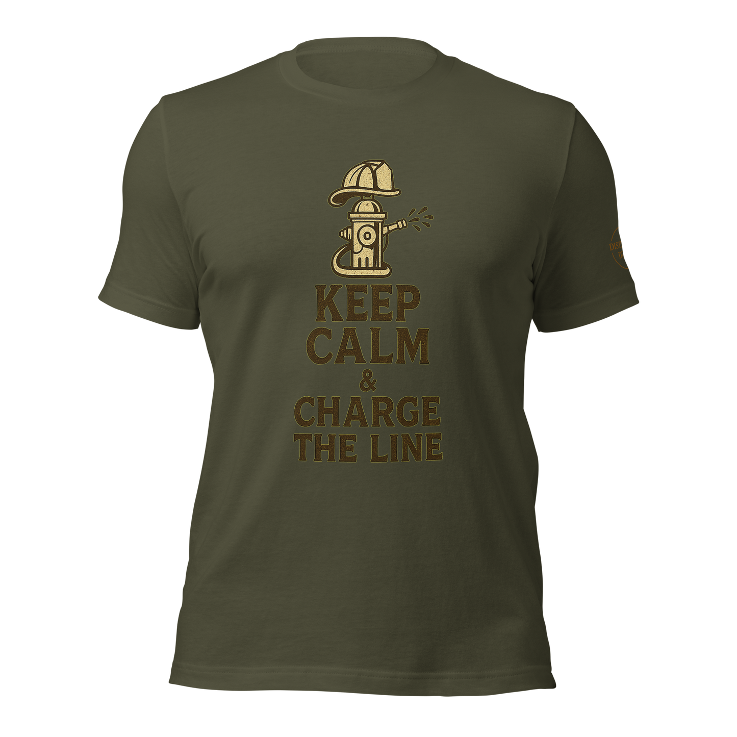 “Firefighter tee with bold slogan Keep Calm & Charge the Line — gritty Distilled Duty design.