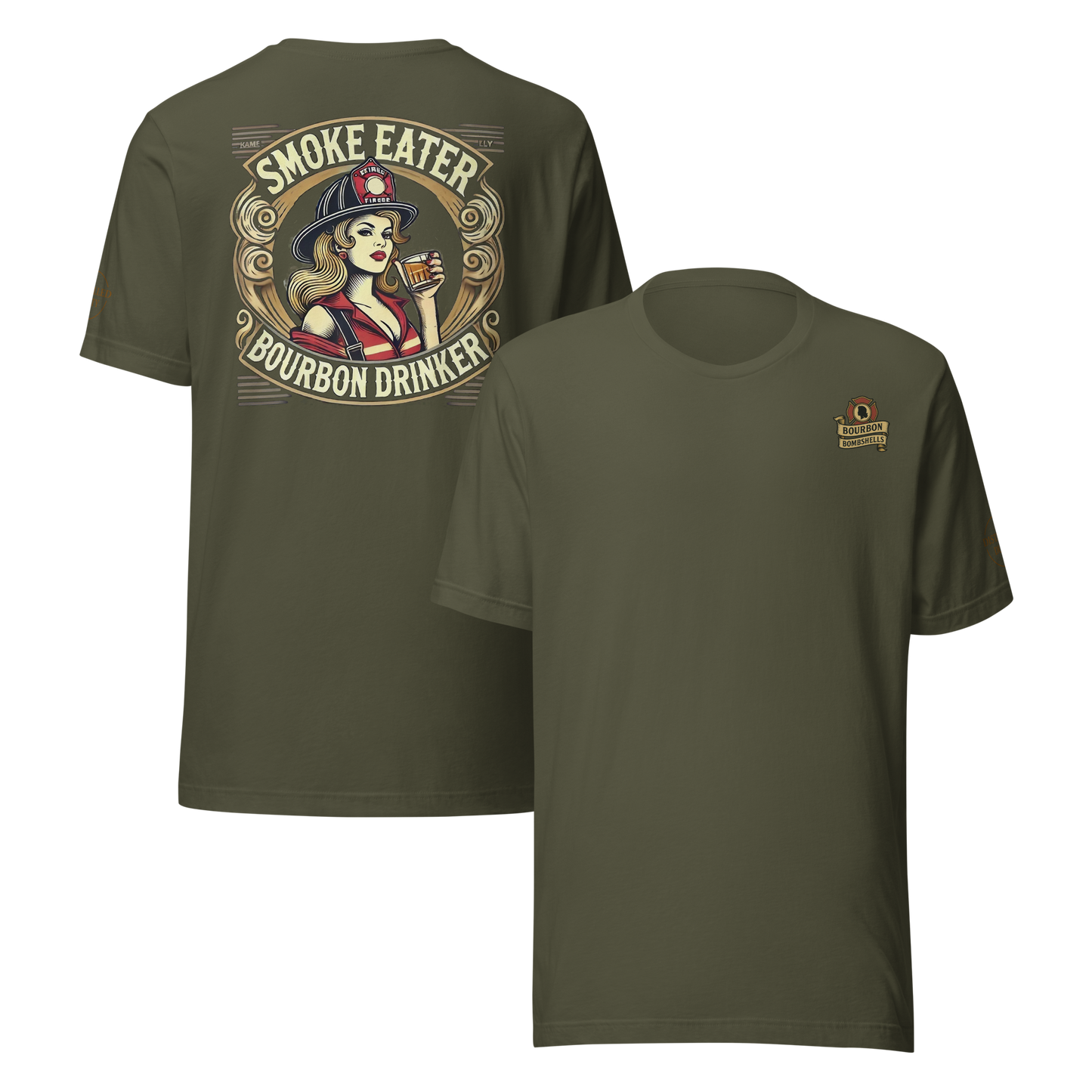 Smoke Eater firefighter tee with blonde Bombshell design — bold Distilled Duty apparel.
