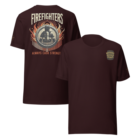 Back Design: “Firefighters Always Cask Strength firefighter silhouette in flames bourbon barrel graphic – Distilled Duty apparel”
Front Design: “Nothing Watered Down bourbon barrel chest graphic – Distilled Duty apparel”