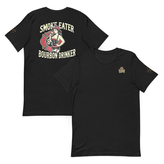 Distilled Duty Smoke Eater tee featuring brunette Bombshell firefighter design — unapologetic style.
