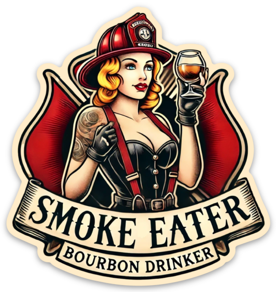Blonde firefighter Bourbon Bombshell decal — Distilled Duty collectible vinyl sticker.