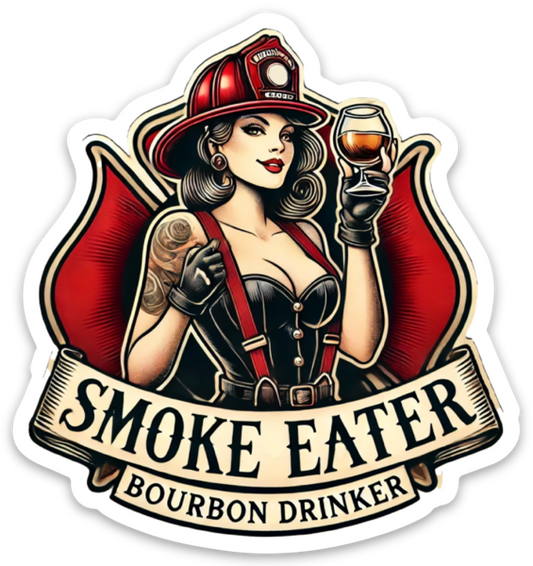 Brunette firefighter Bourbon Bombshell decal — bold Distilled Duty vinyl sticker design.