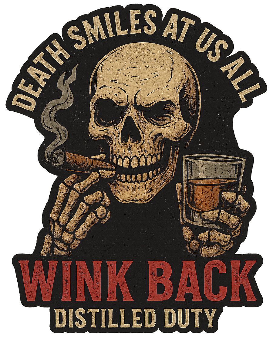Skull smoking a cigar and holding a bourbon glass with the text “Death Smiles at Us All – Wink Back – Distilled Duty” in a gritty firefighter-bourbon style decal.
