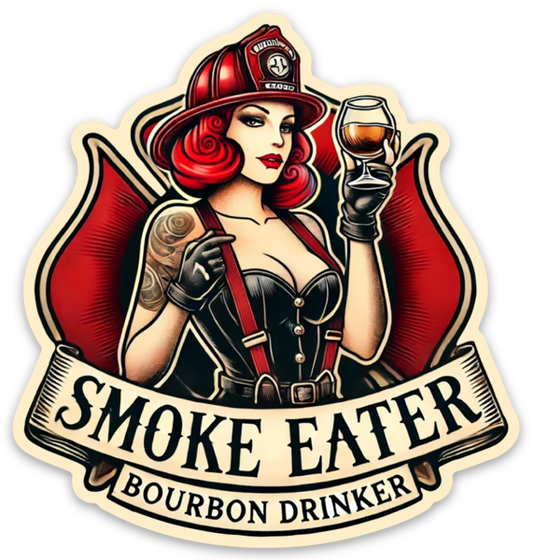 Redhead pin-up firefighter Bourbon Bombshell decal — Distilled Duty full-color vinyl sticker.