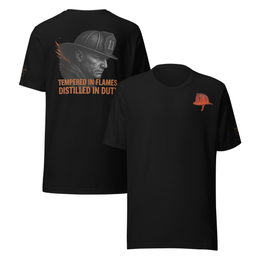Product Bold firefighter design forged in fire — Distilled Duty Tempered in Flames shirt.