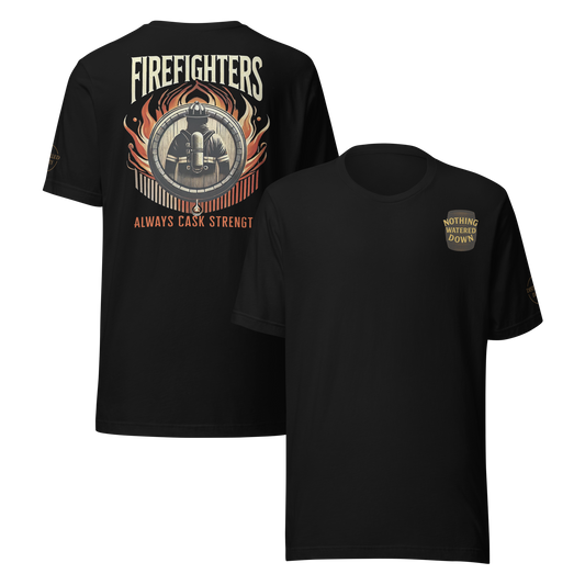 Back Design: “Firefighters Always Cask Strength firefighter silhouette in flames bourbon barrel graphic – Distilled Duty apparel”

Front Design: “Nothing Watered Down bourbon barrel chest graphic – Distilled Duty apparel”