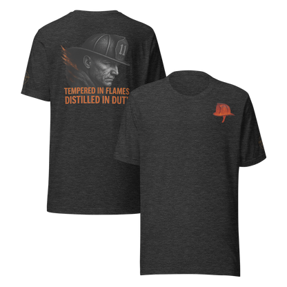 Bold firefighter design forged in fire — Distilled Duty Tempered in Flames shirt.
