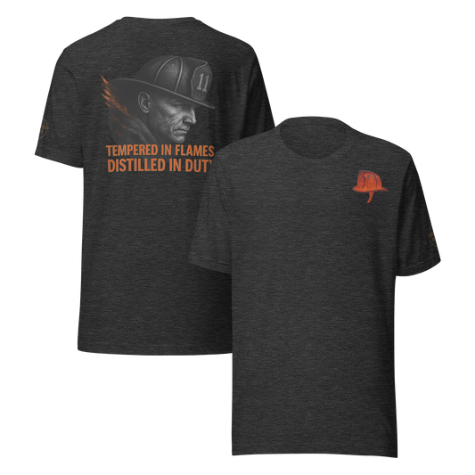 Bold firefighter design forged in fire — Distilled Duty Tempered in Flames shirt.