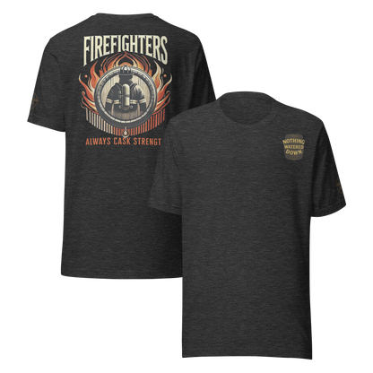 Back Design: “Firefighters Always Cask Strength firefighter silhouette in flames bourbon barrel graphic – Distilled Duty apparel”

Front Design: “Nothing Watered Down bourbon barrel chest graphic – Distilled Duty apparel”