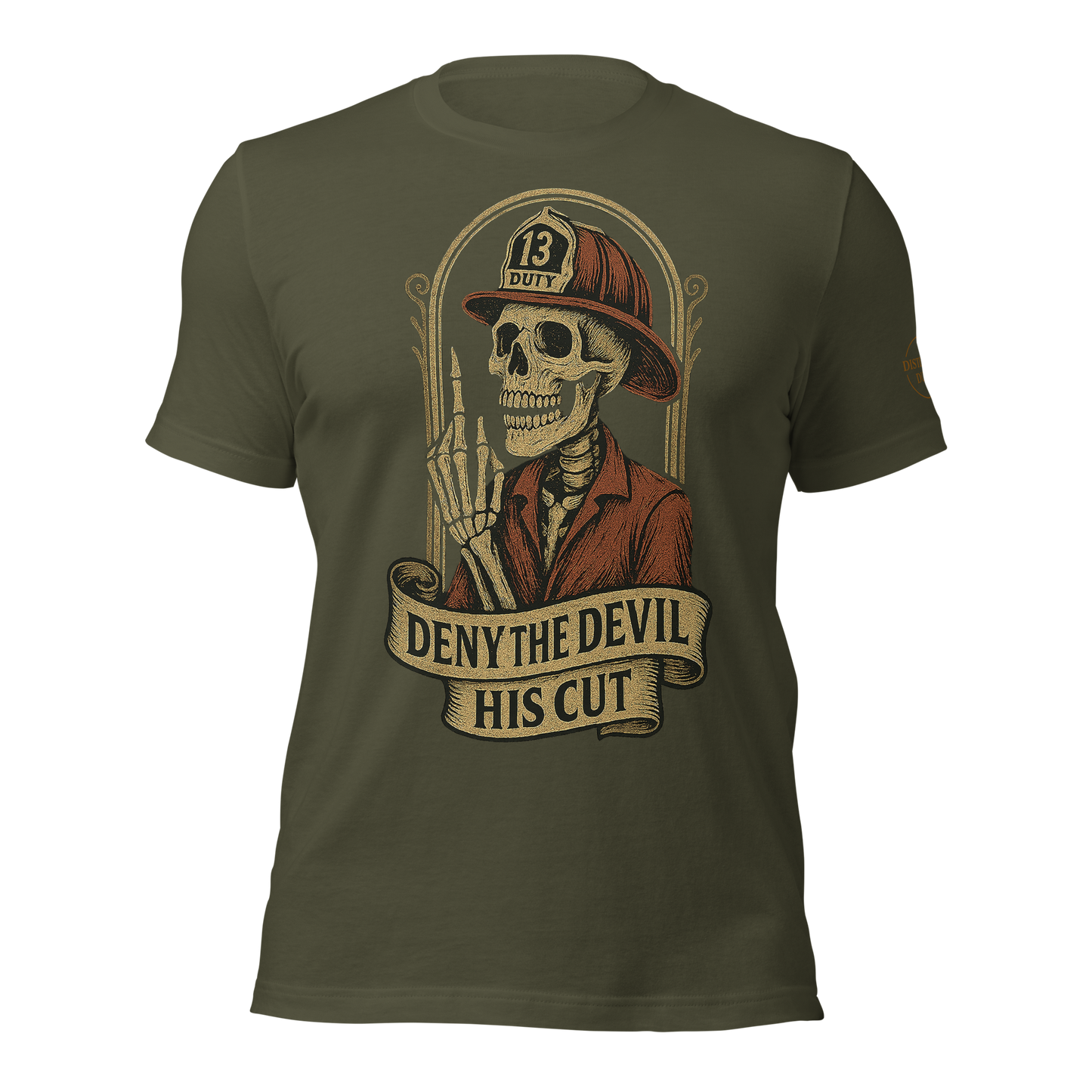 First responder shirt with defiant Deny the Devil design — unapologetic Distilled Duty gear.