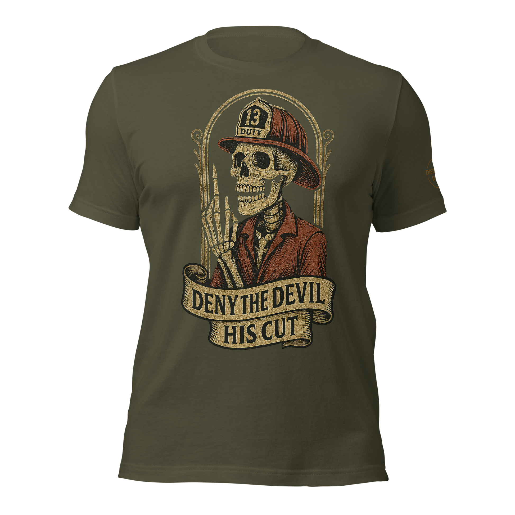 First responder shirt with defiant Deny the Devil design — unapologetic Distilled Duty gear.