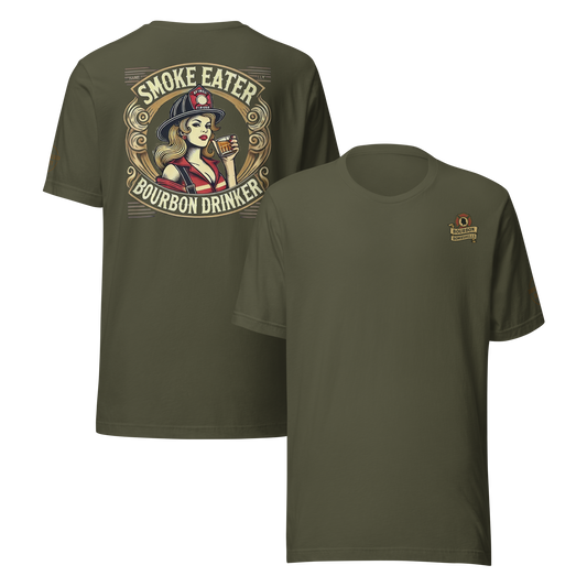 Smoke Eater firefighter tee with blonde Bombshell design — bold Distilled Duty apparel.