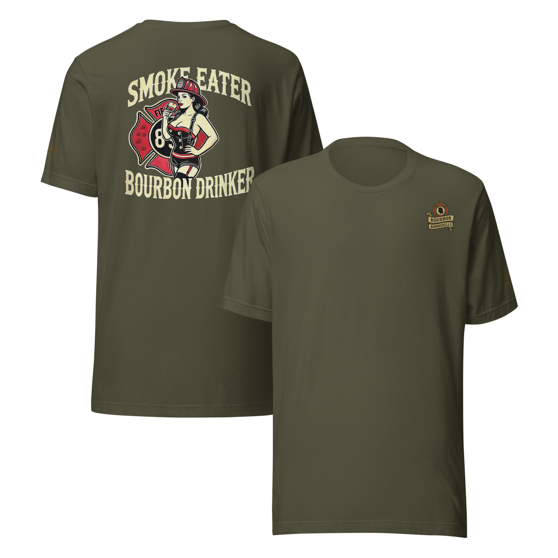 Distilled Duty Smoke Eater tee featuring brunette Bombshell firefighter design — unapologetic style.