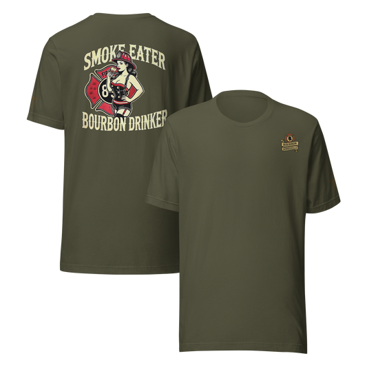 Distilled Duty Smoke Eater tee featuring brunette Bombshell firefighter design — unapologetic style.