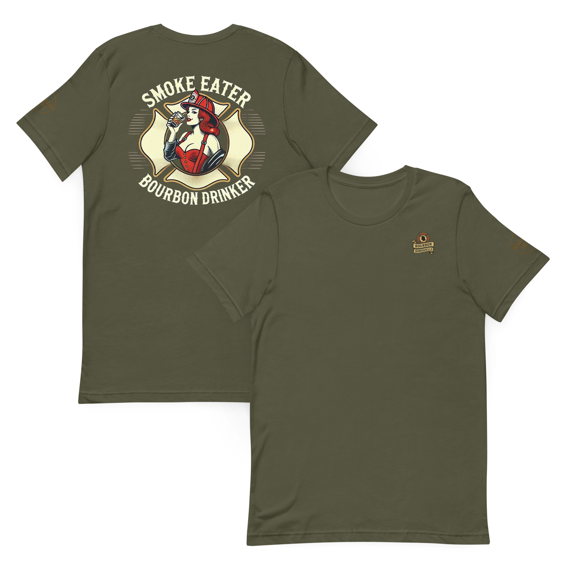 Firefighter tee with redhead Bombshell Smoke Eater design — Distilled Duty bold apparel.