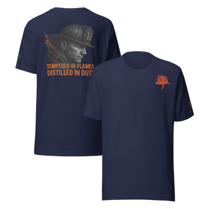 Bold firefighter design forged in fire — Distilled Duty Tempered in Flames shirt.