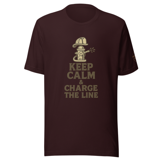 “Firefighter tee with bold slogan Keep Calm & Charge the Line — gritty Distilled Duty design.