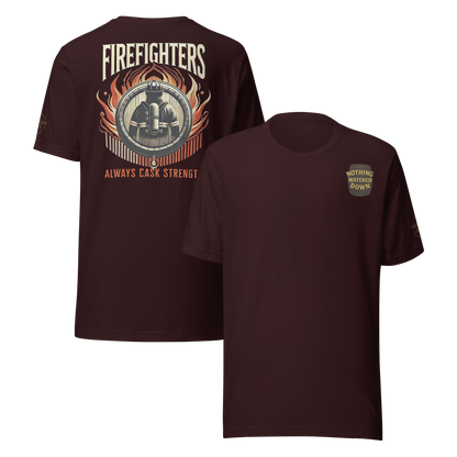 Back Design: “Firefighters Always Cask Strength firefighter silhouette in flames bourbon barrel graphic – Distilled Duty apparel”

Front Design: “Nothing Watered Down bourbon barrel chest graphic – Distilled Duty apparel”