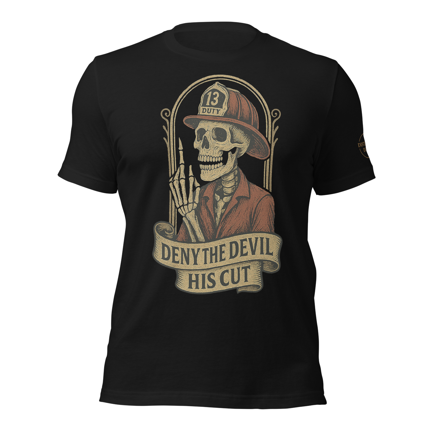 “First responder shirt with defiant Deny the Devil design — unapologetic Distilled Duty gear.