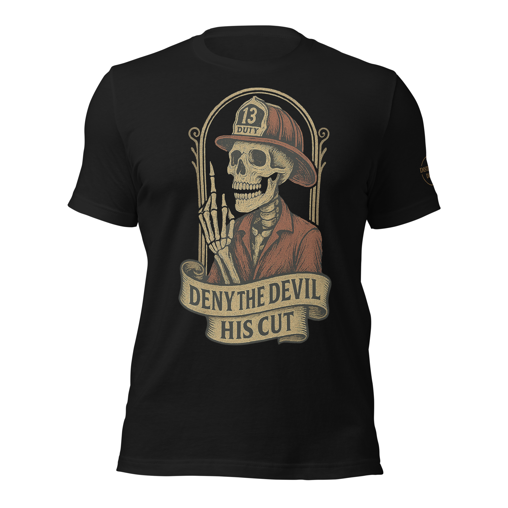 “First responder shirt with defiant Deny the Devil design — unapologetic Distilled Duty gear.