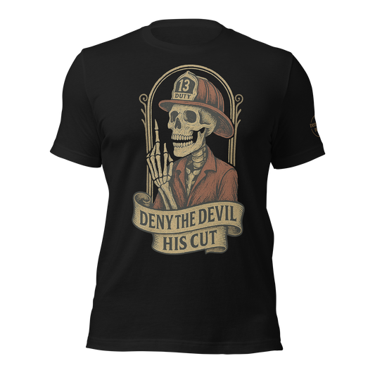 “First responder shirt with defiant Deny the Devil design — unapologetic Distilled Duty gear.