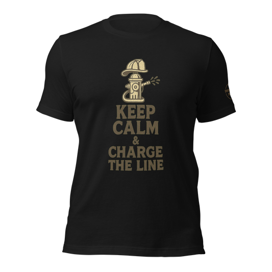 “Firefighter tee with bold slogan Keep Calm & Charge the Line — gritty Distilled Duty design.