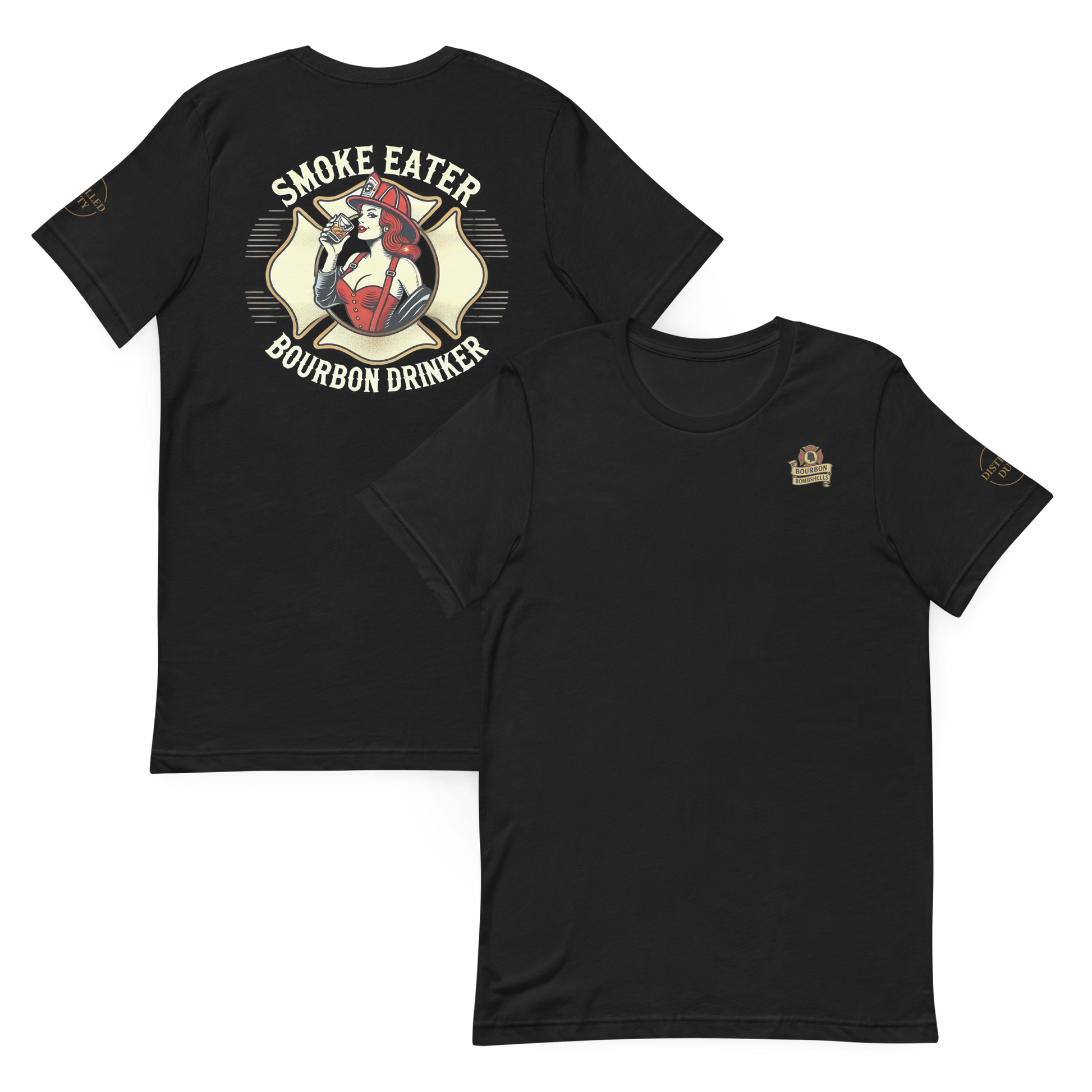 Firefighter tee with redhead Bombshell Smoke Eater design — Distilled Duty bold apparel.
